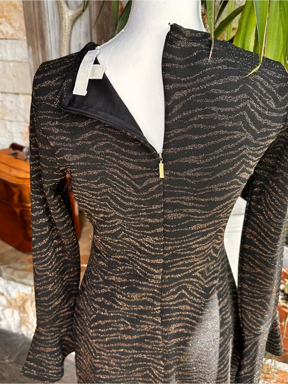 Michael Kors Black Long-Sleeve Metallic Zebra-Print Dress